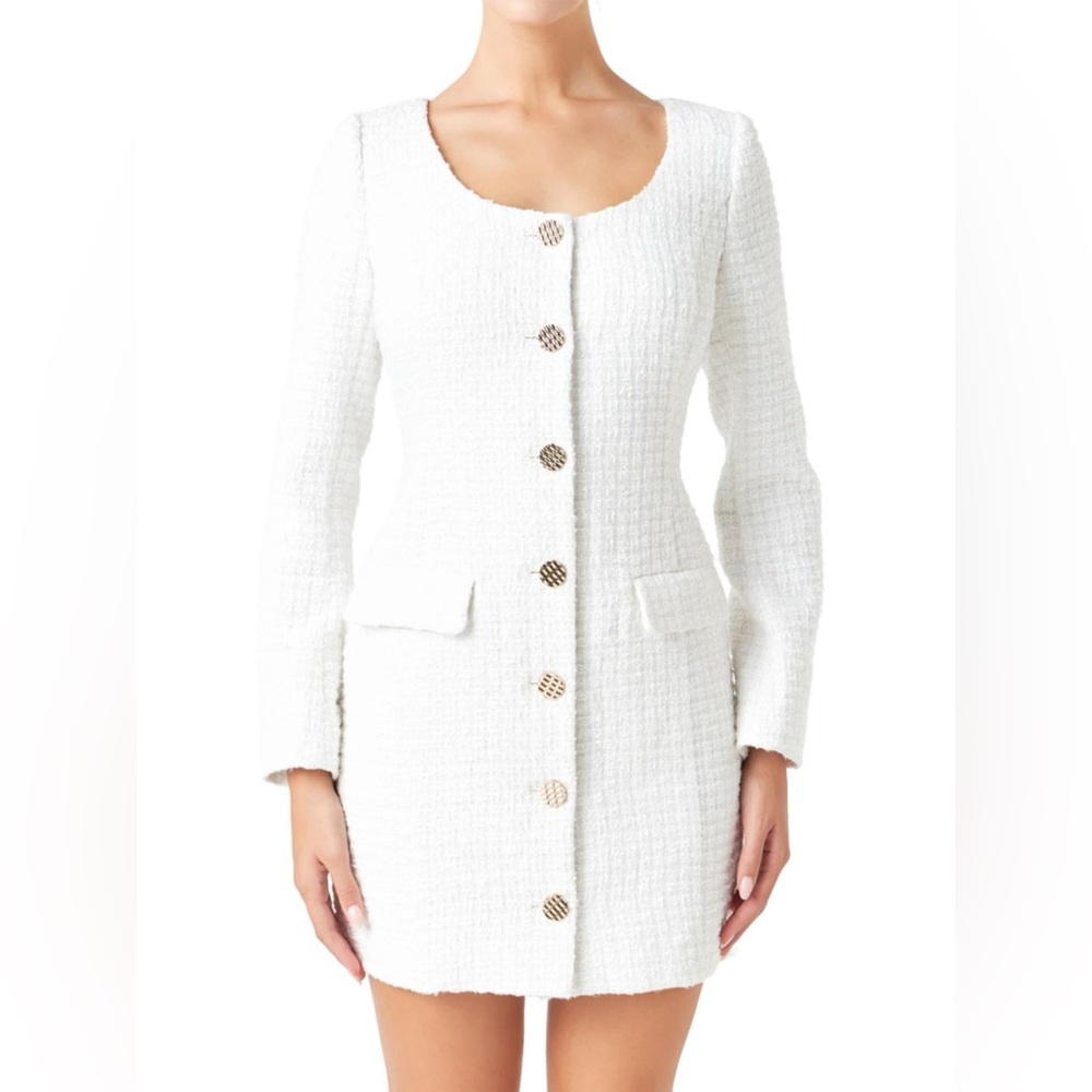 Endless Rose Scooped Neckline White Tweed Dress